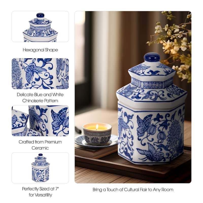 Sagebrook Home Ceramic Sandalwood Myrrh Candle, Chinoiserie Design 7" 7OZ - 4" x 4" x 7"