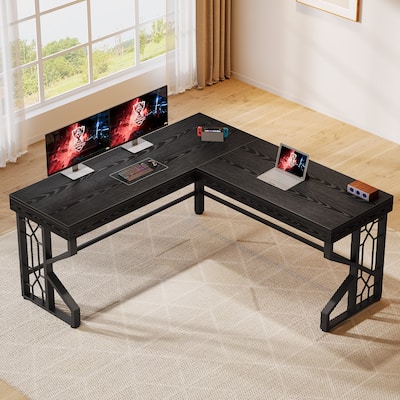 59 Inches Modern L-Shape Executive Desk, Black Computer Desk