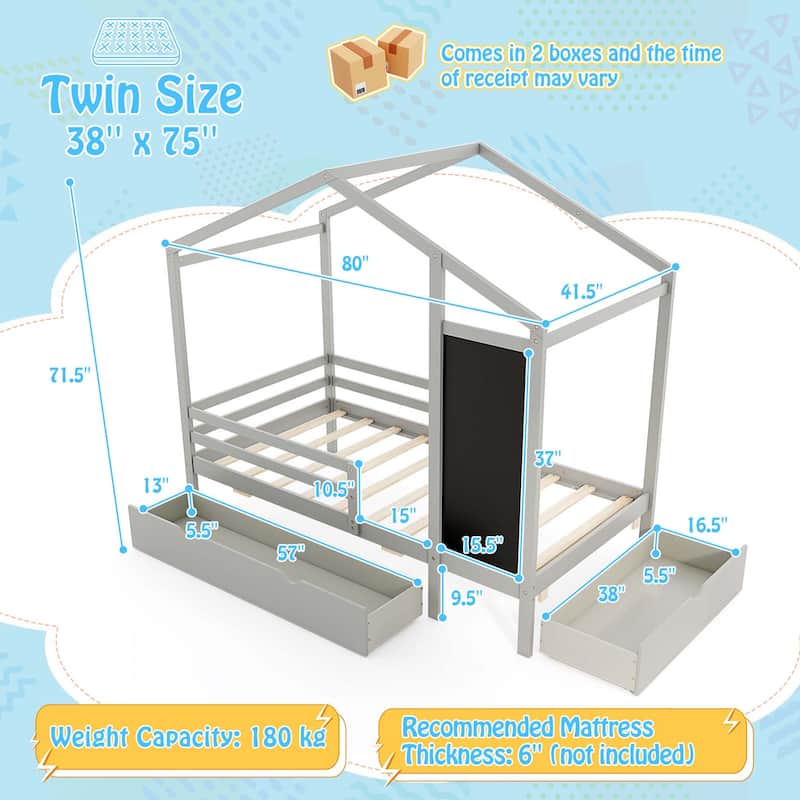 Costway Twin House Bed with 2 Storage Drawers Solid Wood Platform Bed