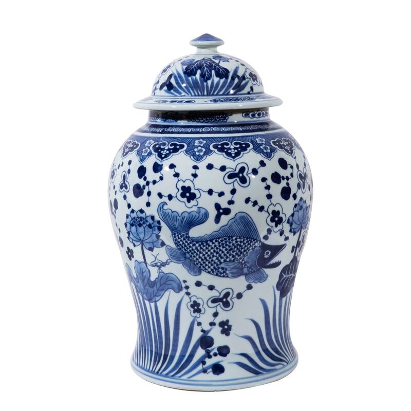 Blue And White Medium Fish Lotus Temple Jar