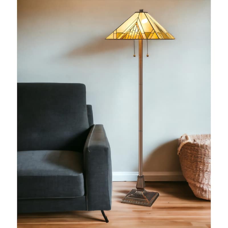 HomeRoots 62" Brown Two Light Beige And Brown Geometric Stained Glass Floor Lamp - 17