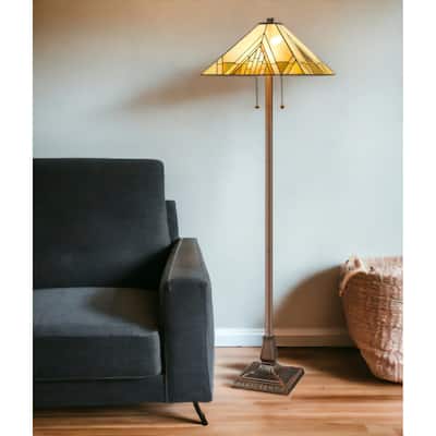 HomeRoots 62" Brown Two Light Beige And Brown Geometric Stained Glass Floor Lamp - 17