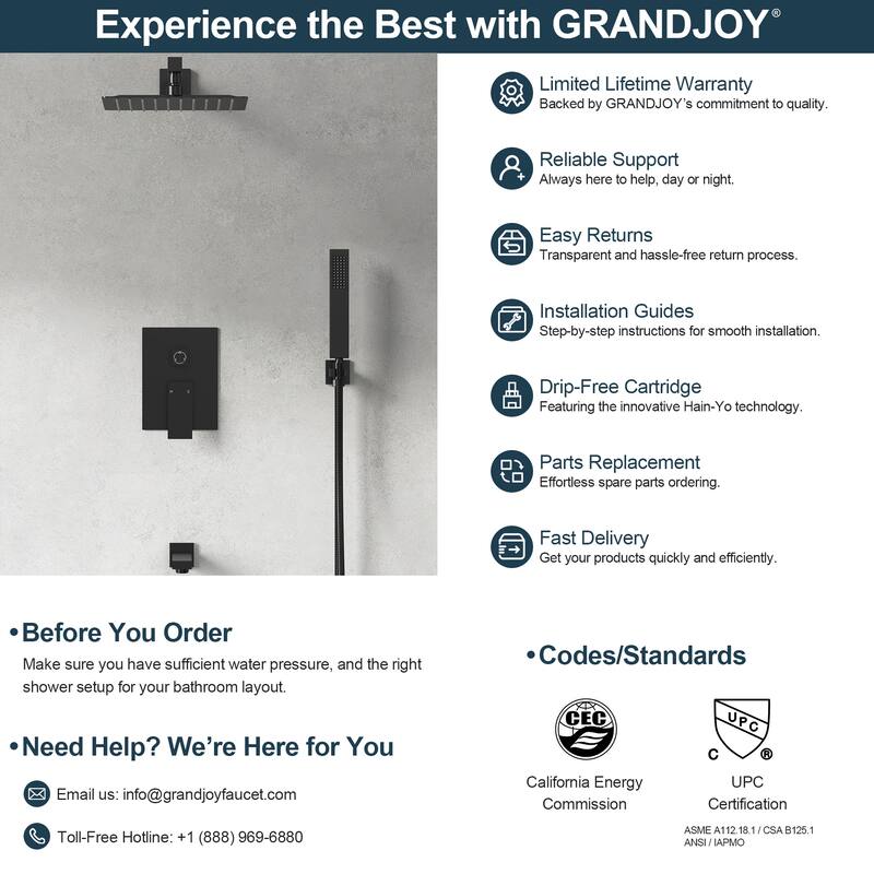 GRANDJOY Shower Faucet System with Tub Spout,10" Rainfall Shower Head with Handheld Spray