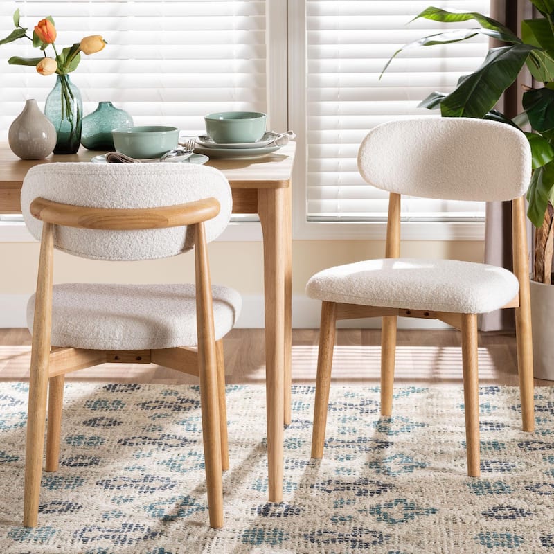 Wattsu Boucle Fabric Dining Chair - Mid-Century Modern Side Chair with Solid Wood Frame and Rounded Back, Natural and White