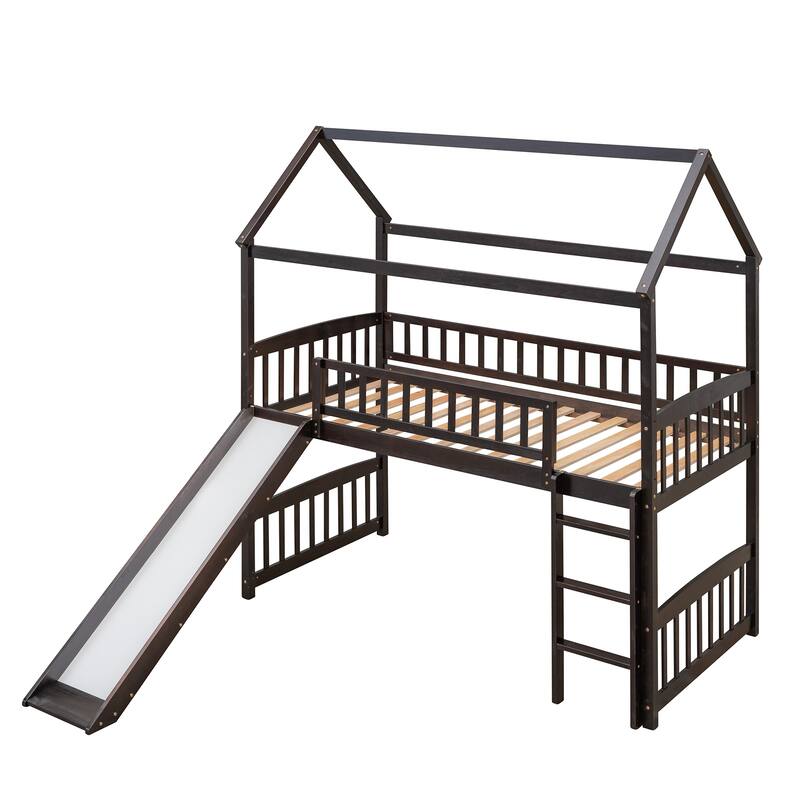 Twin Loft Bed with Slide, House Bed with Slide, Playhouse Design Bed