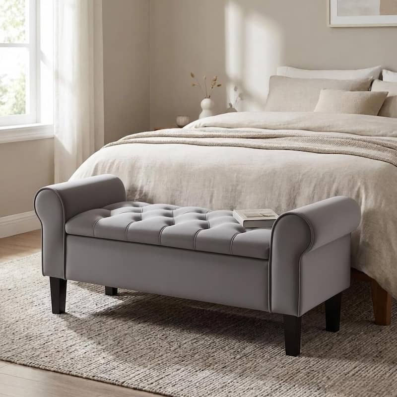 Upholstered Velvet Storage Ottoman Bench with Lift-Top Storage and Solid Rubberwood Legs - Sliver Grey