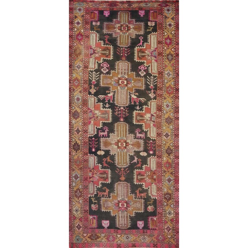 Hand Knotted Oriental 100% Wool Carpet Traditional Tribal Black Ardebil Runner Rug - 10' 6'' X 4' 3''