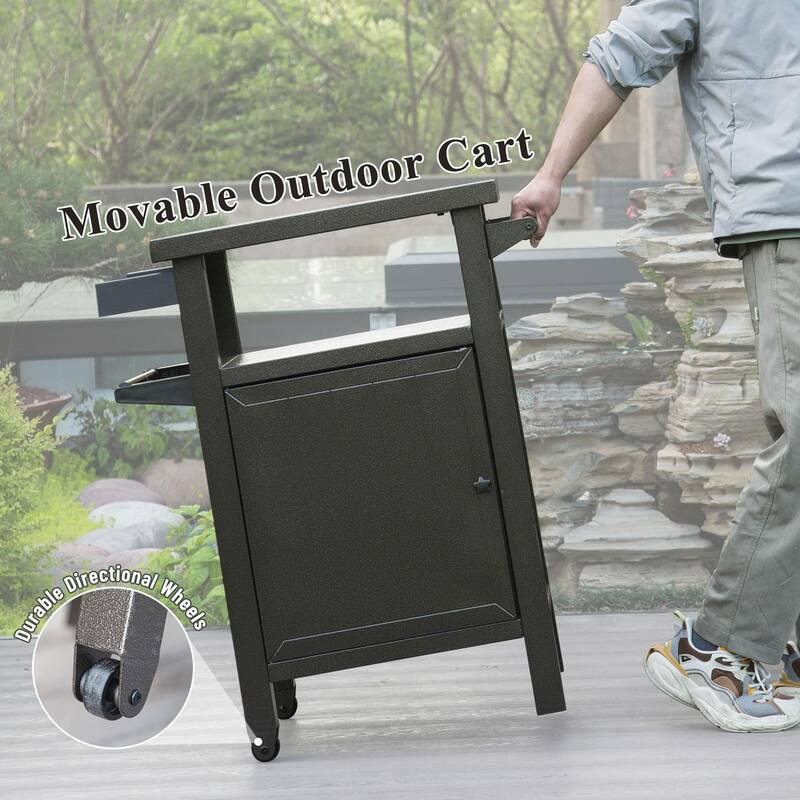 Grill Carts Outdoor with Storage and Wheels, Whole Metal Portable Table and Storage Cabinet for BBQ, Deck, Patio