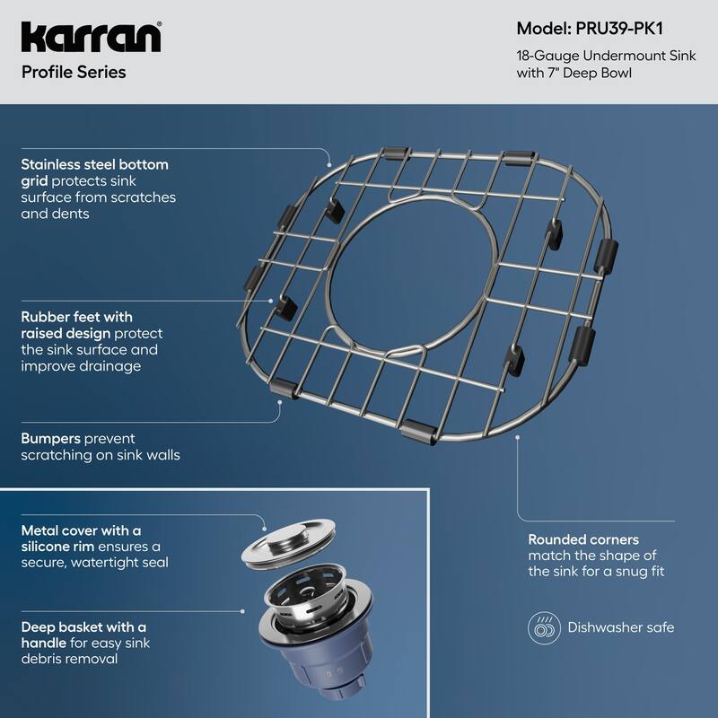Karran Profile 15” Undermount 18 Gauge Single Bowl Stainless Steel Kitchen Sink with Accessories