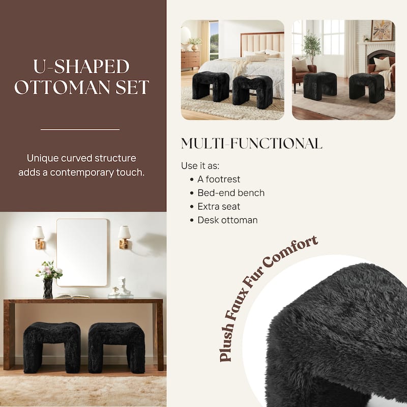 Roundhill Furniture Zorya Faux Fur U-Shaped Ottoman, Set of 2