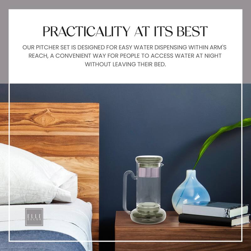 Elle Decor Bedside Pitcher Set Carafe with Cup - 32-Ounce Carafe