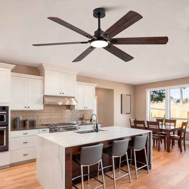 Smart 60" Indoor/Outdoor Ceiling Fan with Light, Dual Finish Black/Walnut 6-Blade, Remote Control, Dimmable LED