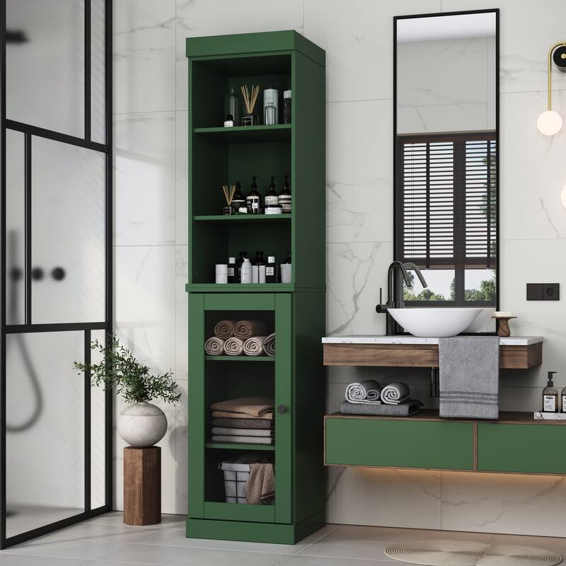 Palace Imports 100% Solid Wood 16.5" Bathroom Storage Cabinet with Clear Glass Doors and Adjustable Shelves - Green