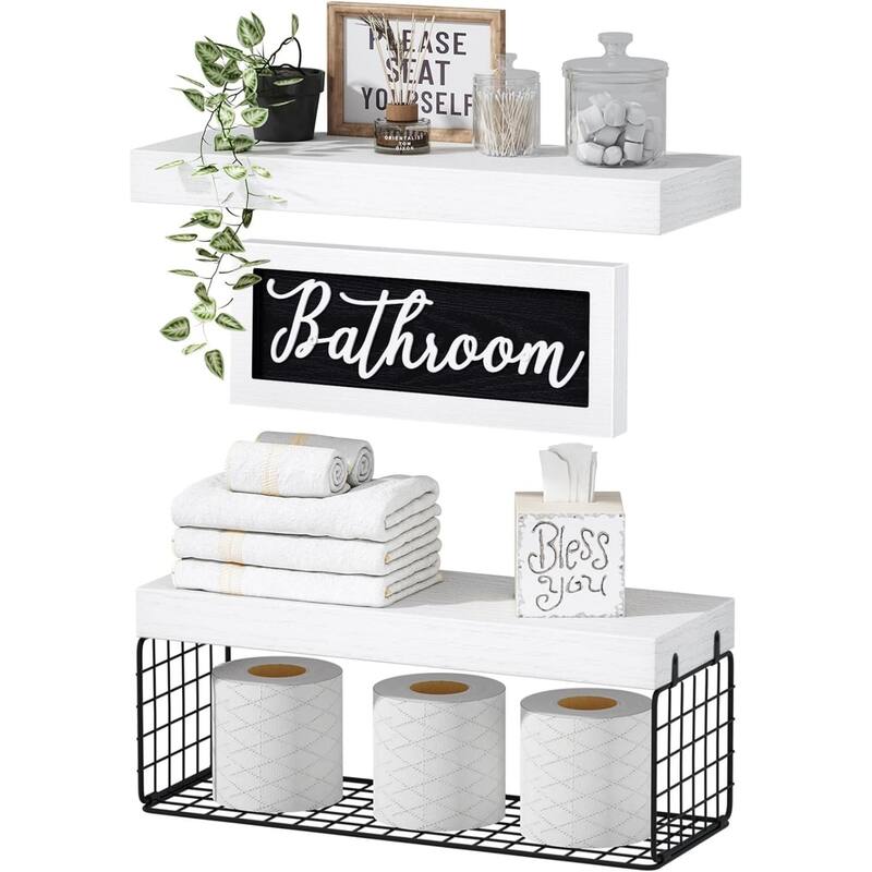 Toilet Bathroom Shelves - Paper Storage Wall Mount, Small Floating Shelves 2+1 Set - White