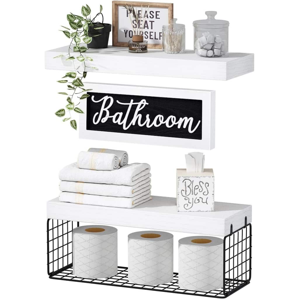 Toilet Bathroom Shelves - Paper Storage Wall Mount, Small Floating Shelves 2+1 Set