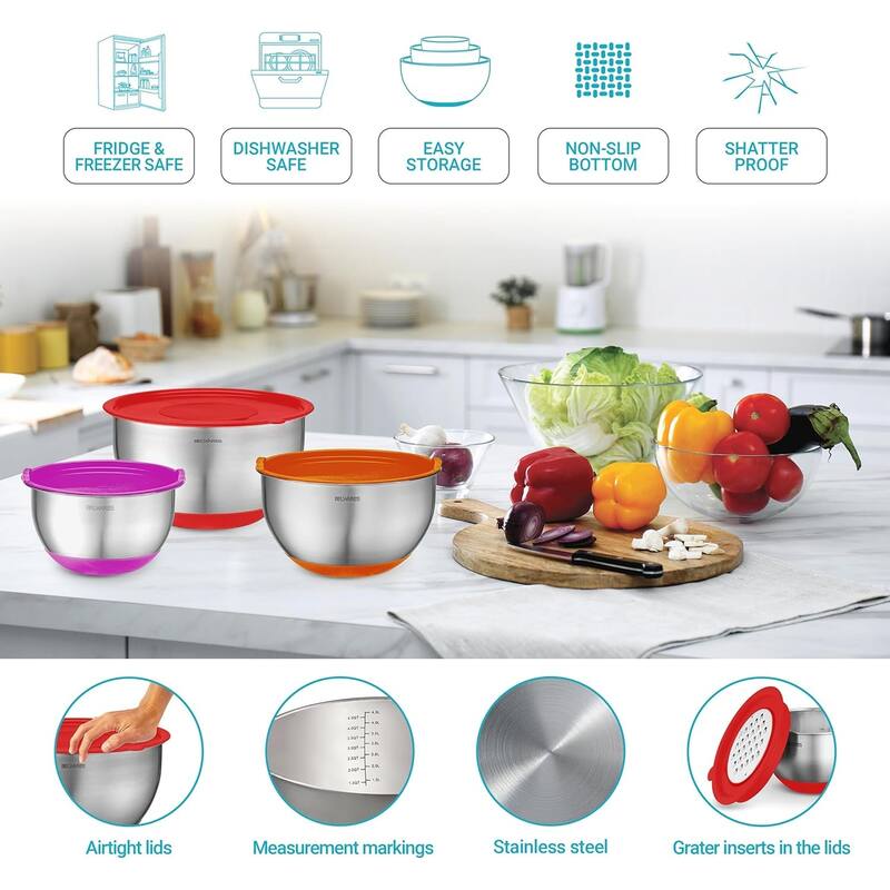 Belwares 5-Piece Stainless Steel Mixing Bowls with Airtight Lids and Graters - Non-Slip Nesting Bowls Set