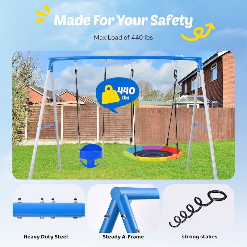 Heavy Duty A-Frame Metal Swing Set for Backyard with Toddler Swing, Saucer Swing for Kids