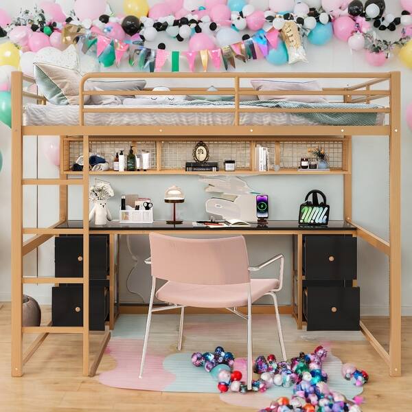 slide 2 of 26, Full Size Loft Bed with Desk,Drawers and Bedside Tray,Charging Station,USB and Socket for Bedroom Gold+Black