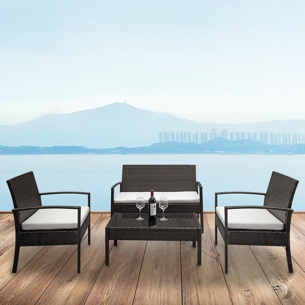 Outdoor Patio Rattan Wicker 4-piece Chair with Coffee Table Set