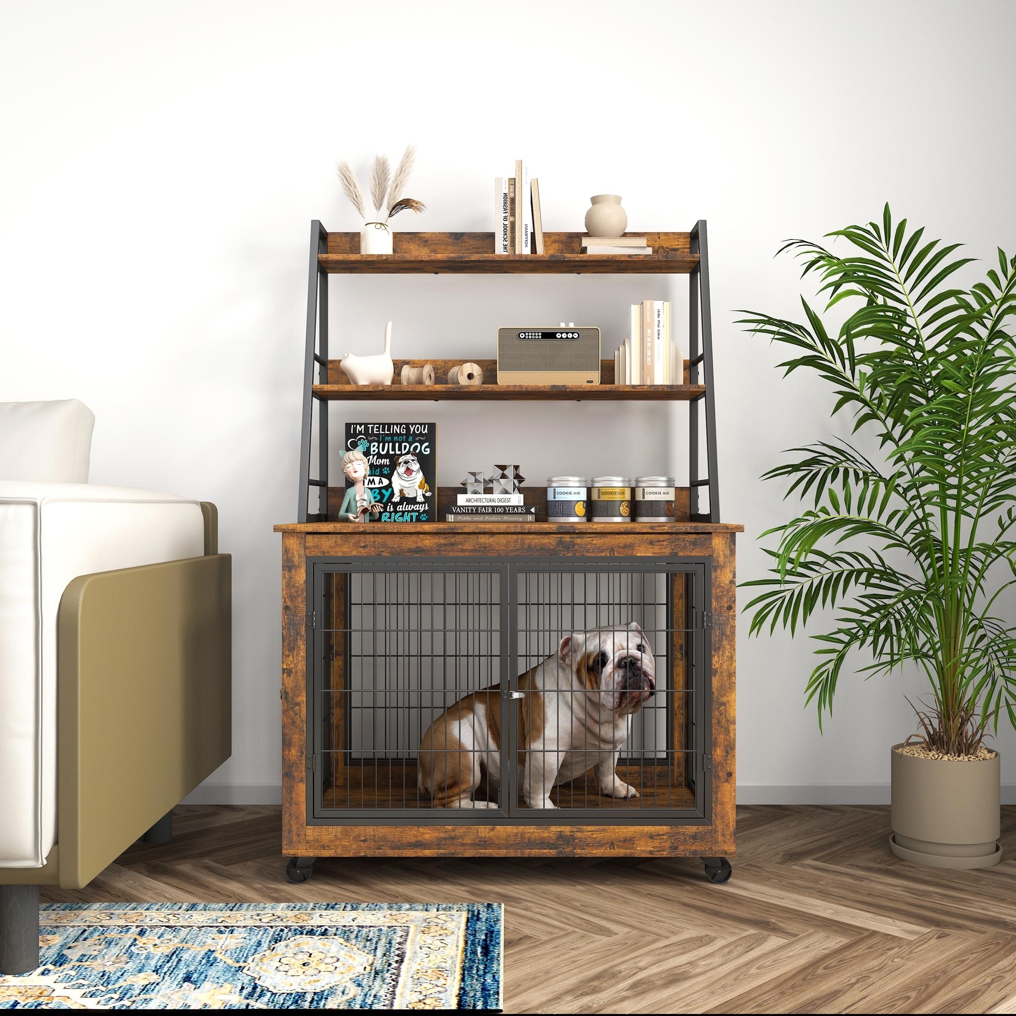 Furniture Style Wooden Dog Crate Side Table with 3 tier Open Shelf