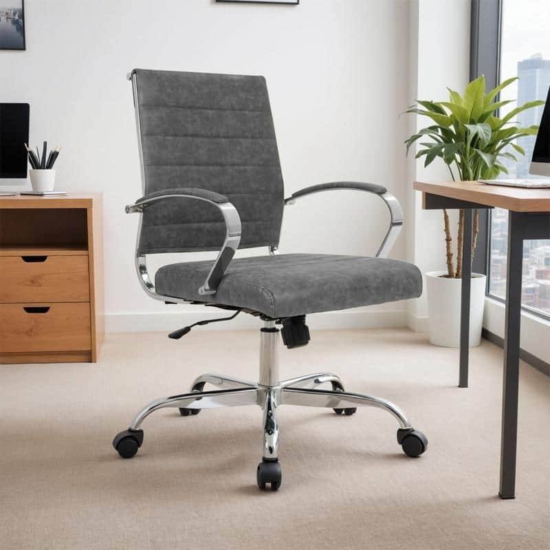Benmar Leather Ribbed Office Chair with Chrome Frame, Adjustable Height, Tilt Lock, 360° Swivel, and Smooth Rolling Casters