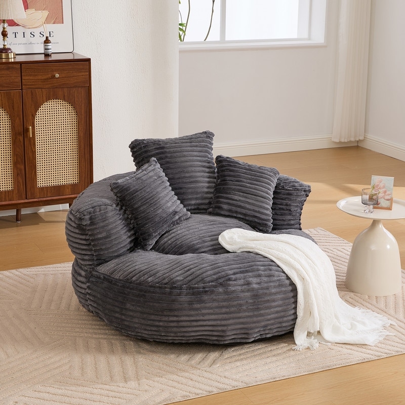 HOMEFUN Corduroy Upholstered Oversized Durable Comfort Compressed Lounger Bean Bag Lazy Sofa with Three Pillows