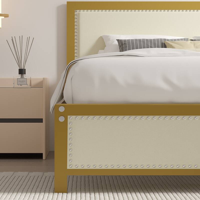 Metal Bed Frame with Linen Upholstered Nailhead Headboard, Platform Bed with 12.6" Under Bed Storage, No Box Spring Needed