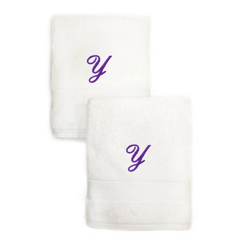 Sweet Kids 2-piece White Turkish Cotton Hand Towels Personalized with Lavender Purple Monogrammed Initial - White - Y