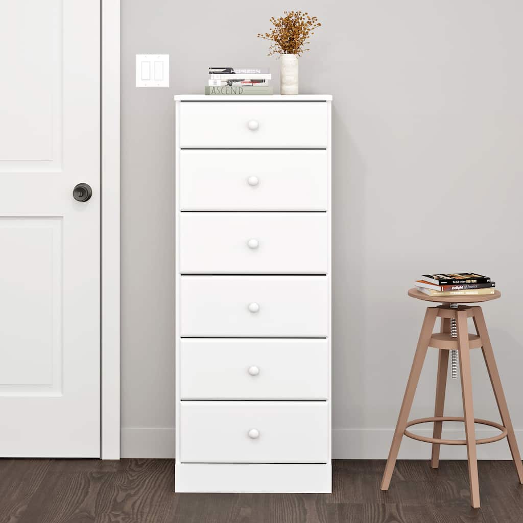 Prepac Astrid Tall White Dresser 16 in D x 20 in W x 52 in H 6-Drawer Chest for Bedroom