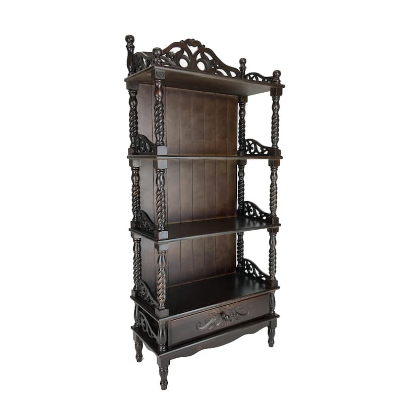Wooden Bookcase Shelf with Carved Details and Filigree Accents, Brown