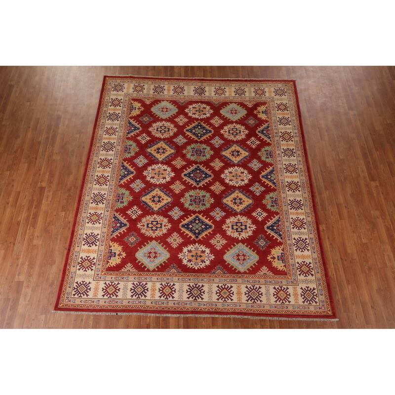 Red Geometric Kazak Area Rug Handmade Wool Carpet - 8'1" x 9'7"