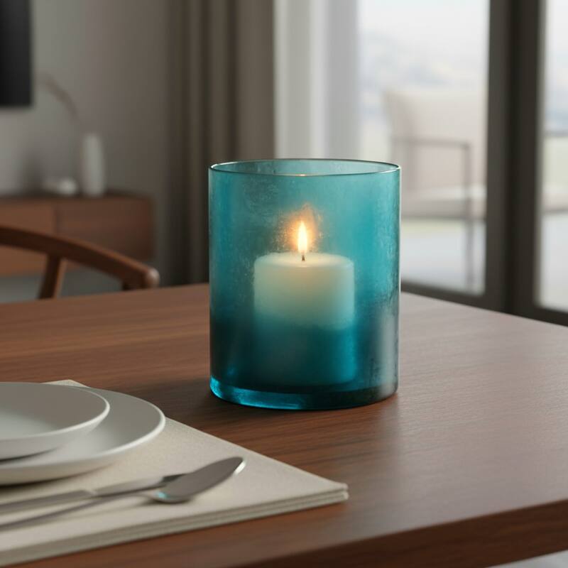 Glass Frosted Bottom Hurricane Candle Holder - Blue