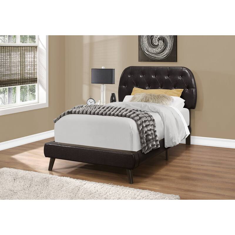 Twin Transitional PU Leather Platform Bed with Wooden Legs and Diamond Tufted Headboard in Brown