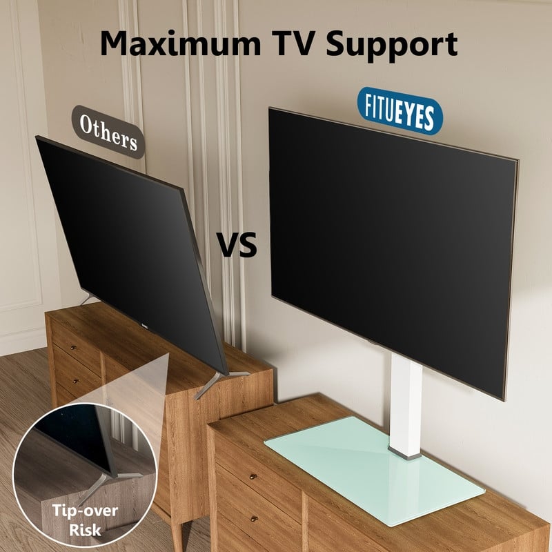 FITUEYES Table Top TV Stand for 50-85 Inch TVs Tempered Glass Base Hold up to 110 lbs, White