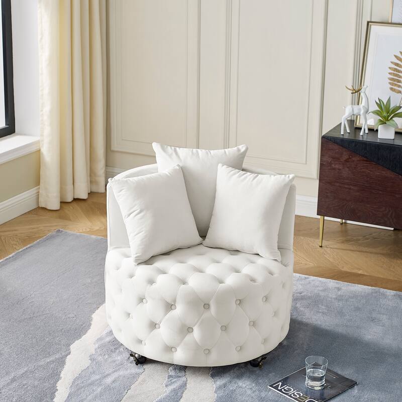 Roomfitters Velvet Swivel Chair with Tufted Button Design, Round Accent Chair with 3 Pillows and Wheels, Lounge Seating