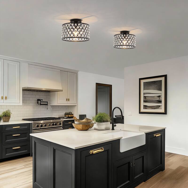 1-Light Modern Vintage Drum Crystal Semi-Flush Mount Ceiling Light