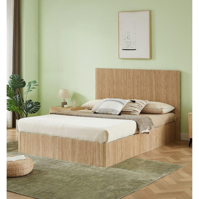 Queen Hydraulic Lift Up Storage Bed, Classic Wooden Grounding Platform Bed Frame, Heavy Duty Metal Slat Support