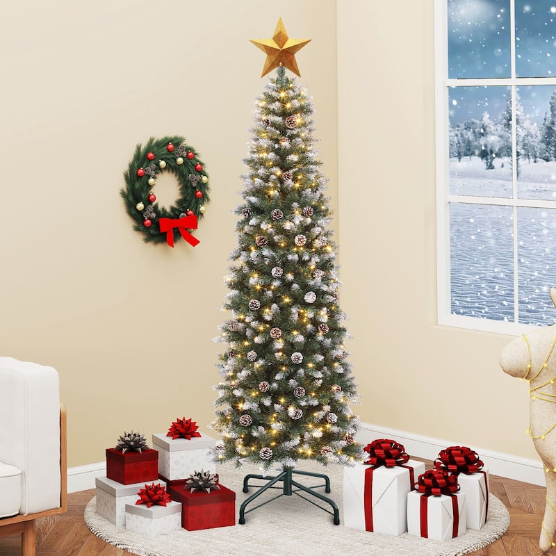 6/7.5 FT Flocked & Frosted Slim Prelit Artificial Hinged Xmas Tree