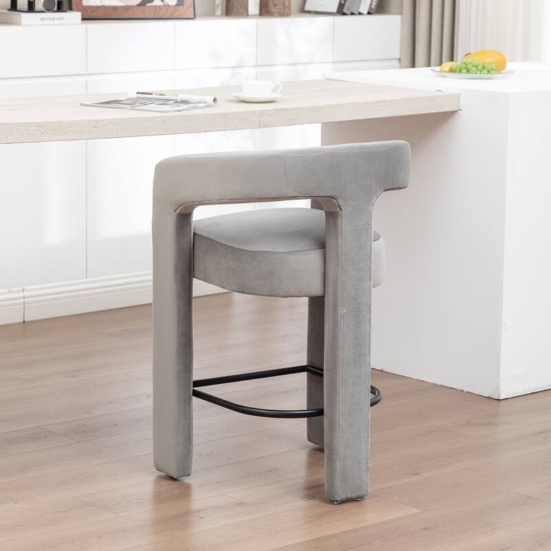 SEYNAR Modern Velvet 34.6''H Fixed Height Open-Back Bar Stool with Metal Footrest