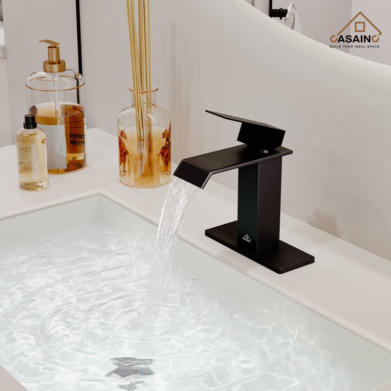 Single Handle Single Hole Bathroom Faucet with Deckplate and Pop-Up Drain Included in Matte Black，CEC and cUPC Certified - Matte Black