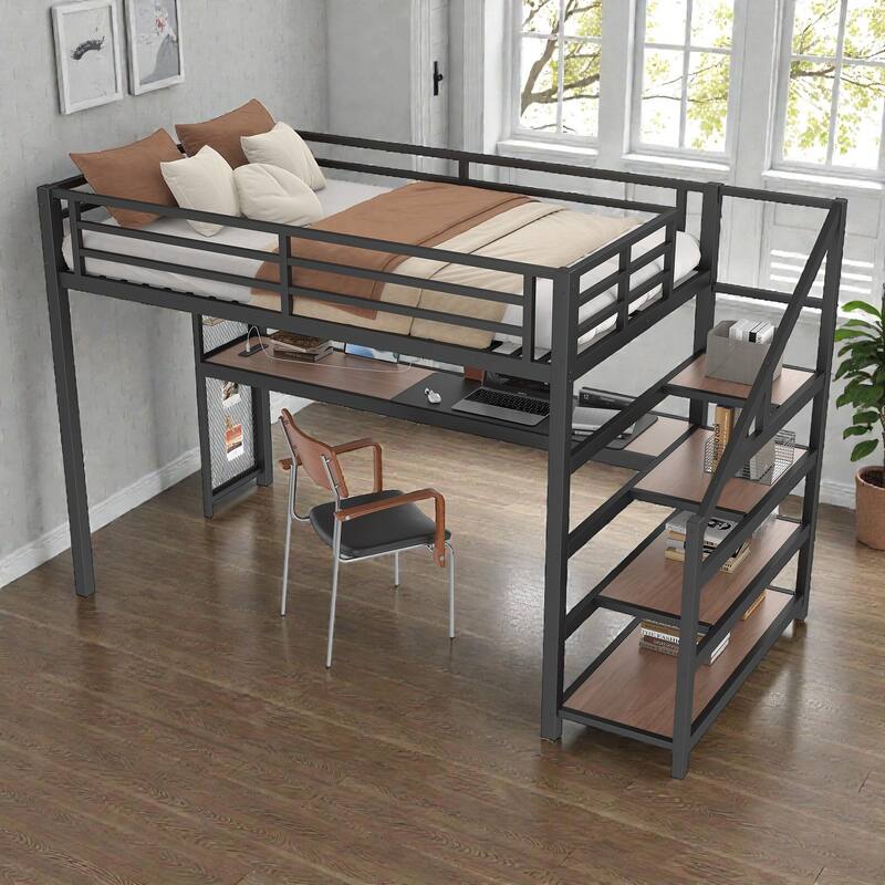 Twin XL Metal Loft Bed with Desk and Storage Stairs, LED Lights, USB Ports, Noise-Free Design