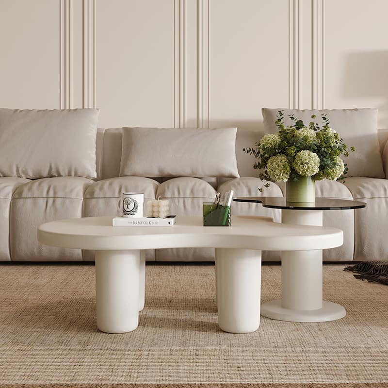 Cream Nesting Coffee Tables Set of 2, Glass Top & Irregular Design for Living Room, Easy Assembly