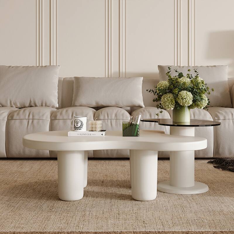 Cream White 2-Piece Nesting Coffee Tables - Glass Top, Easy Assembly for Living Room