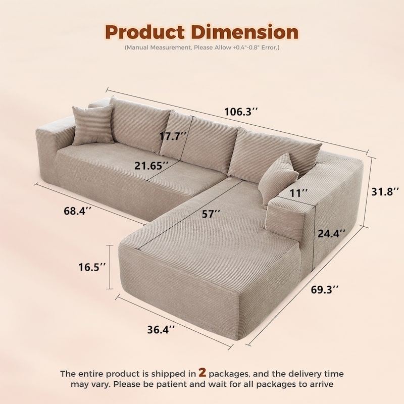 HOOOWOOO Modern Minimalist Style Sectional Couch Modular Corduroy Sofa for Living Room