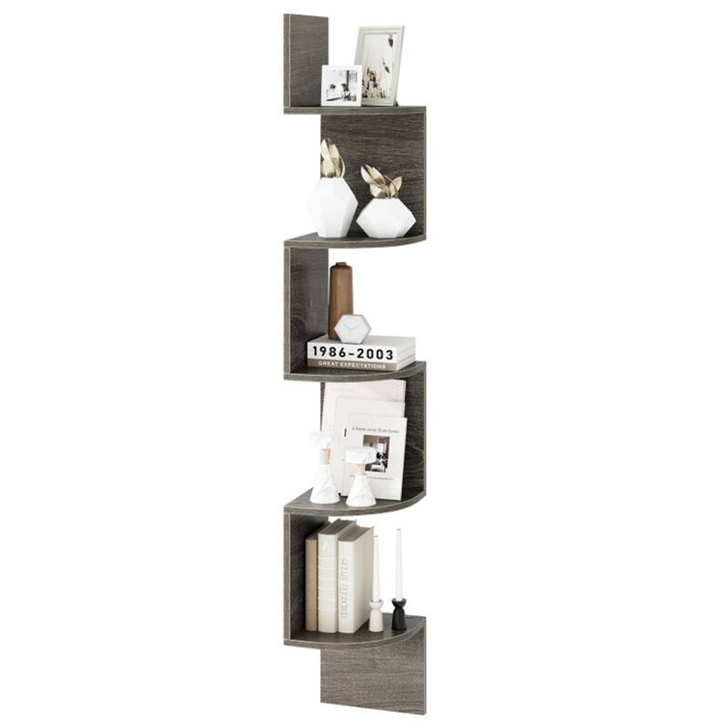 5-Tier Floating Corner Shelf Wall Mounted Organizer for Living Room Bedroom or Kitchen - 8" x 8" x 50" - French-Oak