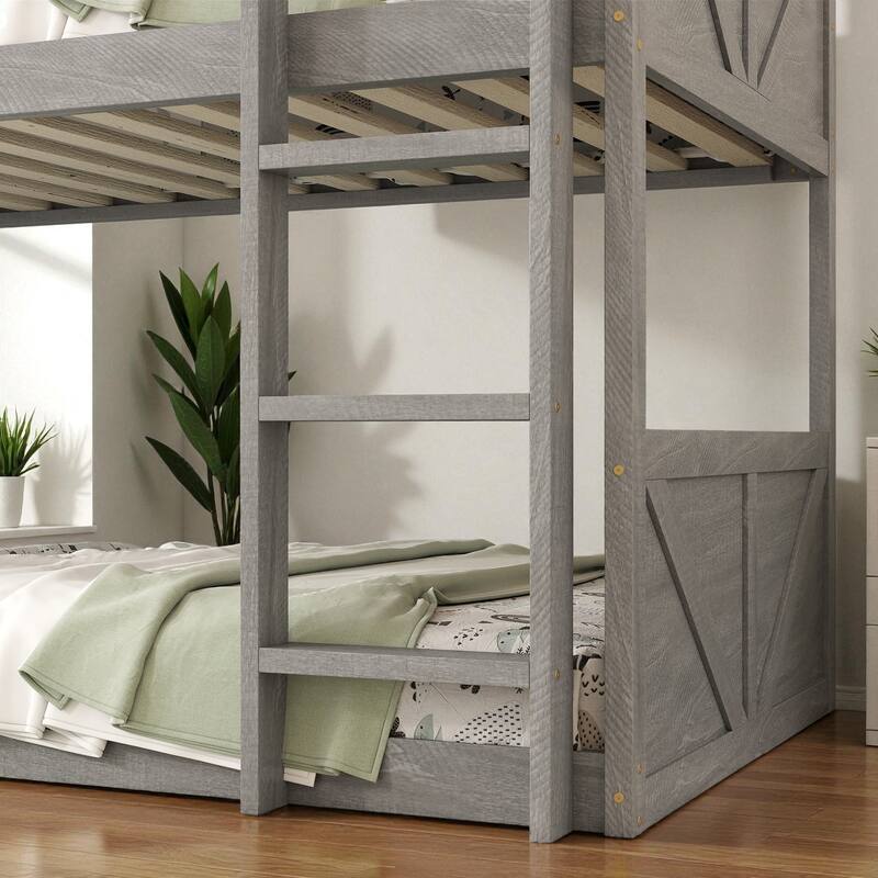 Twin Over Twin Floor Bunk Bed with Ladder and Guardrails, Solid Rubber Wood Frame with Panel Headboard and Footboard