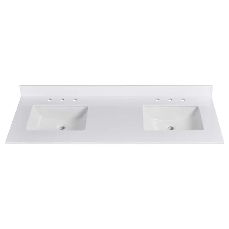 PROOX 60 inch Culture Marble Bath Solid White Vanity top with Double Rectangular Sink - 60 in. W x 22 in. D