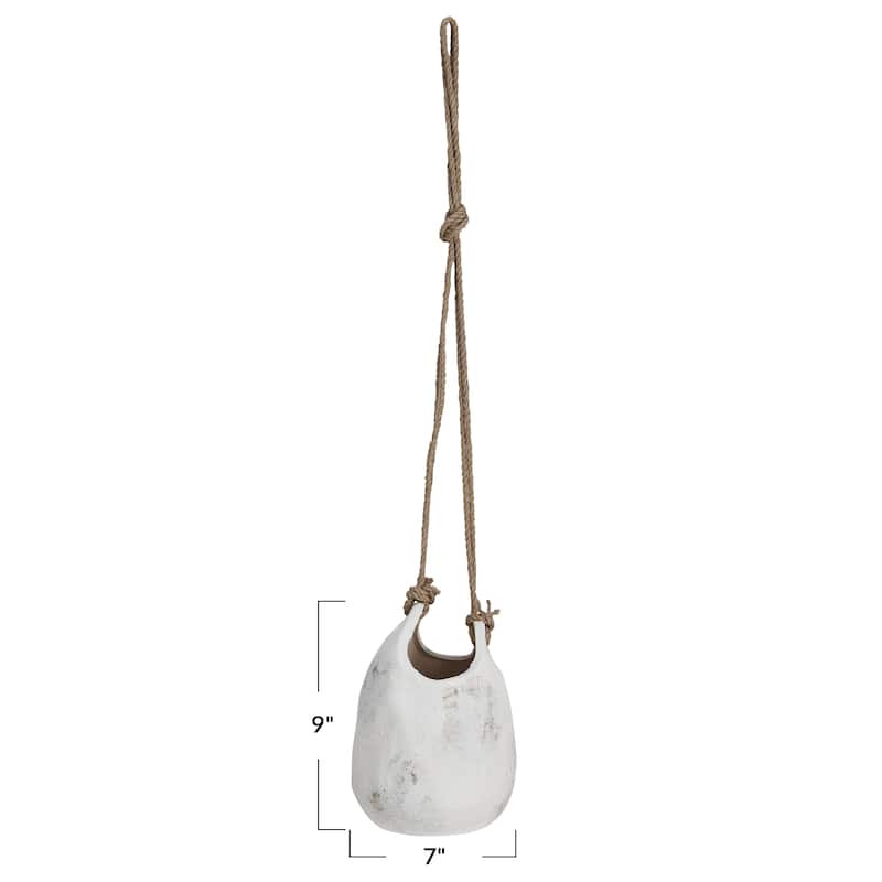 Hanging Stoneware Planter with Jute Rope Hanger and Distressed Finish