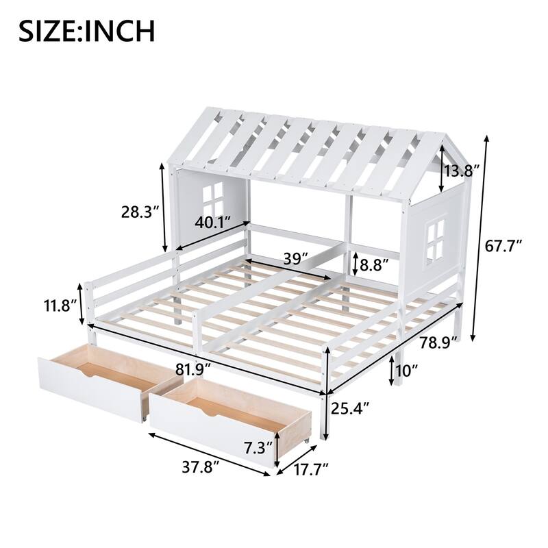 Merax 2 Shared Beds Twin Size House Platform Beds with Two Drawers