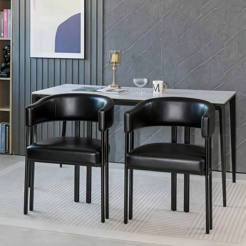 Modern Dining Chairs Set of 2, Faux Leather Upholstered Barrel Chairs with Integrated Curved Back And Armrests, Metal Frame - Black